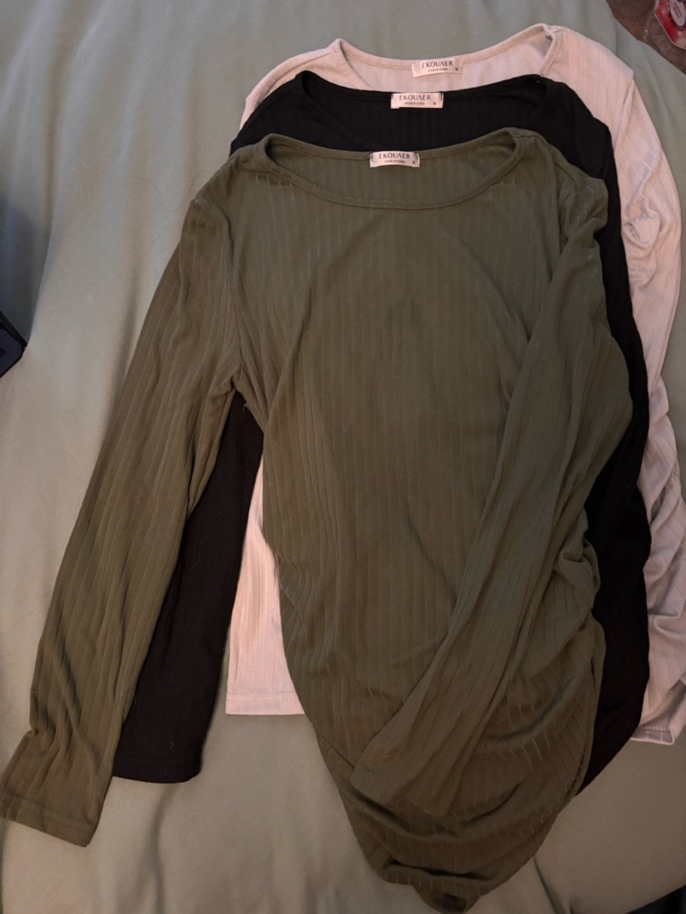 Women's Long Sleeve Ribbed Maternity Top — Olive, Black & Light Gray